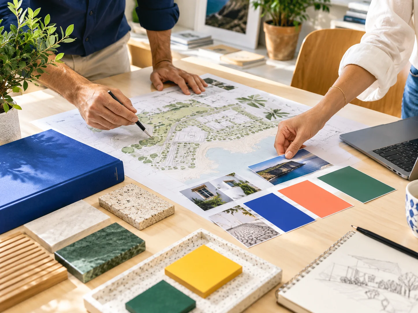 Conceção de um projeto turístico com planos e seleção de materiais.