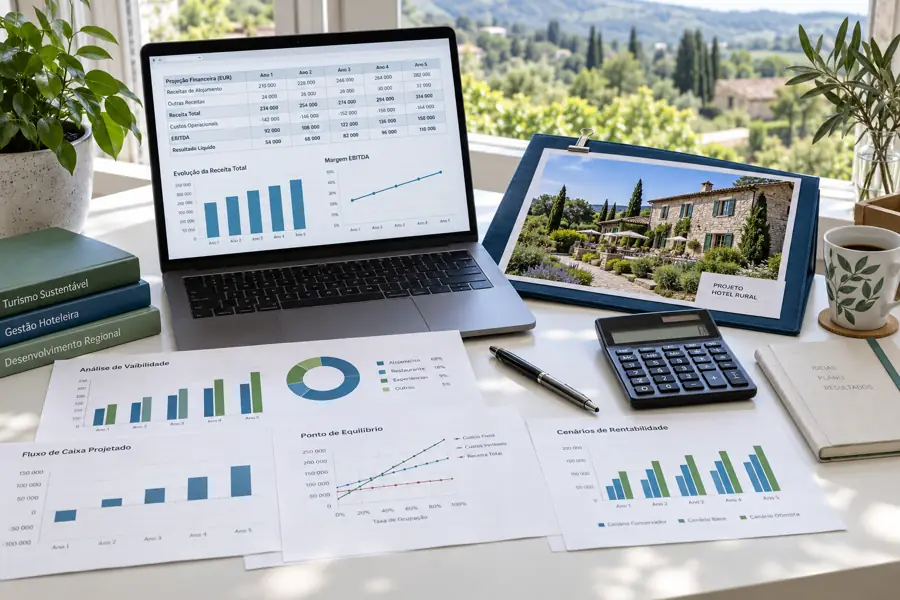 Imagem ilustrativa de análise financeira e viabilidade de um empreendimento turístico.